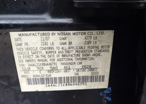 2008 Nissan Altima 2.5 S z USA, uszkodzony, nr VIN 1N4AL21E88N446791